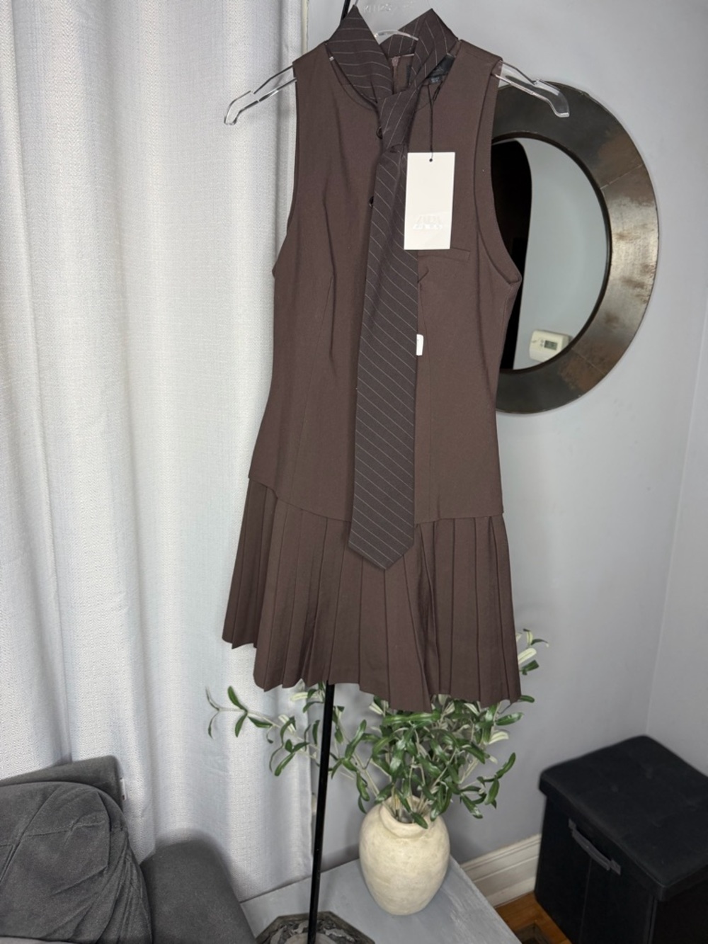 NWT Zara Woman TIE PLEATED SHORT DRESS Brown Size S Small - Picture 9 of 12